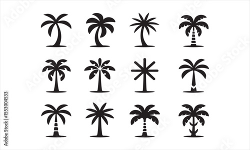 A set of twelve simple, black silhouette palm tree icons on a white background vector art on white