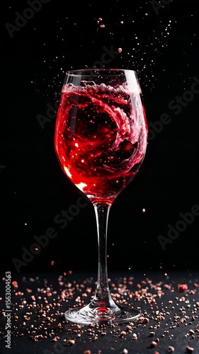 Highly Detailed Creative Photo of Red Wine Glass Swirling with a Miniature Galaxy Inside Surrounded by Floating Stars for Luxury Beverage and Fantasy Advertising Campaigns