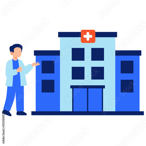 Healthcare Professional Showcasing a Modern Hospital Building with a Focus on Care Safety and Medical Excellence