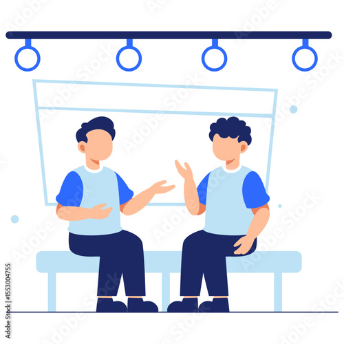 Two young men enjoying a friendly conversation while seated on a moving train during a calm travel experience