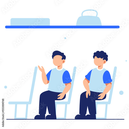 Two young men sitting and chatting casually inside a modern train carriage, capturing a relaxed travel moment together
