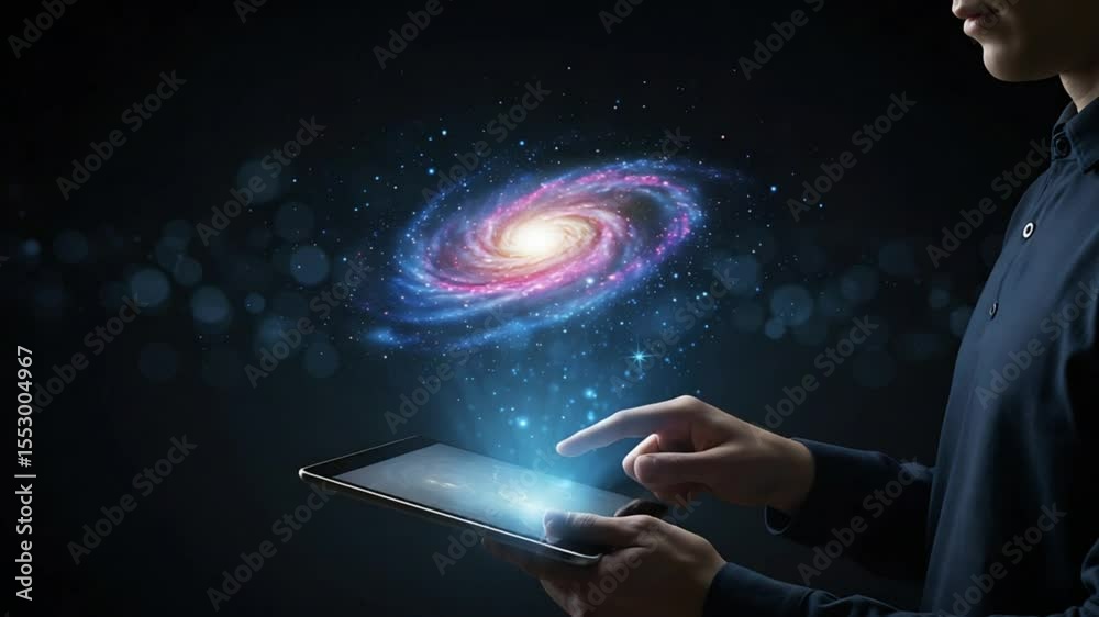 Galaxy on tablet; dark background; person using device; digital universe