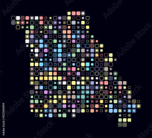 Missouri, shape of the state built of colored cells. Digital style map of Missouri on a dark background. Large size rounded square blocks. Beautiful vector illustration.