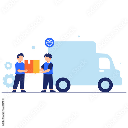 Efficient logistics scene showing teamwork in package delivery with global transportation and services