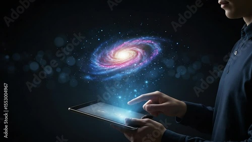 Galaxy on tablet; dark background; person using device; digital universe