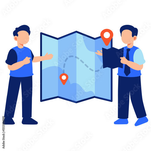 Two men discussing navigation using map and pins to explore directions and plan a travel route