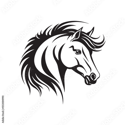 Horse Head vector silhouette, Horse vector Illustration, Horse Head Vector Illustration, A stylized black and white portrait of a horse head, Black and white horse face for modern logos and designs