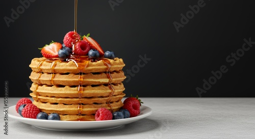 Golden Waffles Topped with Berries and Drizzled Syrup: A Delicious Breakfast Treat