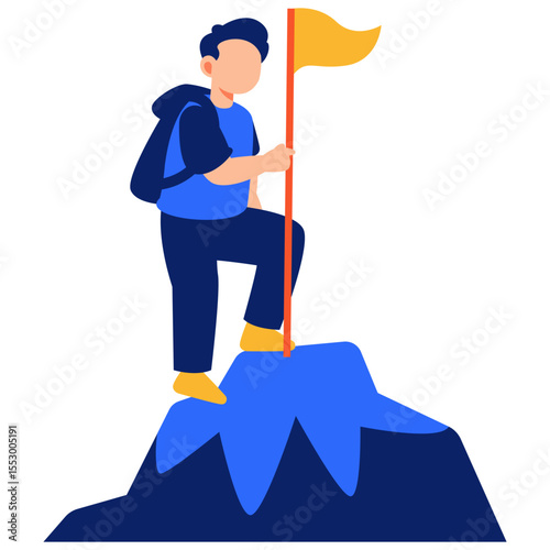 Determined hiker celebrates mountain summit success by raising a flag with passion and confidence
