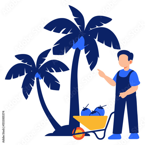 Tropical palm tree scenery with a farmer collecting coconuts in a lush summer setting