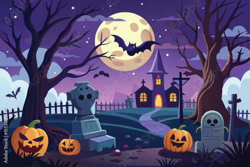 A vibrant Halloween-themed illustration of a cemetery at night.