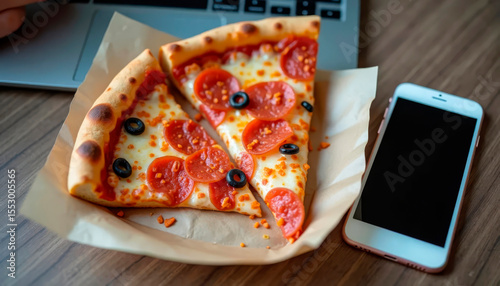 Two pizza slice with olives and tomatoes next to smartphone. Quick unhealthy office snack or remote work lunch.