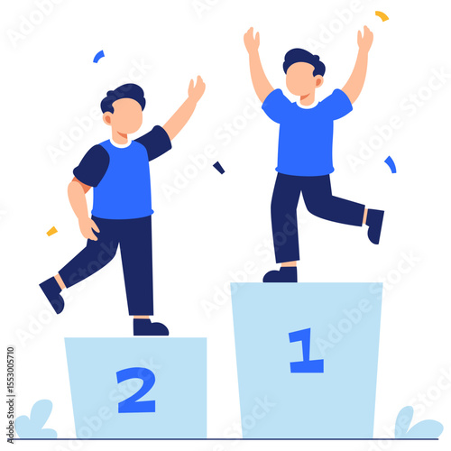 Two joyful boys standing on podiums with confetti flying around to celebrate success and youthful competition