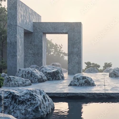 Japanese Zen Garden with Abstract Geometric Rock Formations and Misty Atmosphere Ideal for Wellness Spa and Luxury Interior Design Advertising Campaigns