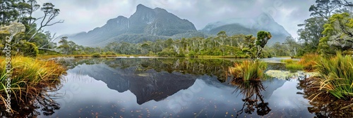 Lac miroir sombre reflétant des montagnes brumeuses et une forêt humide, encadré par des herbes hautes et une végétation 