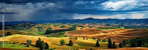 Vallée de collines ondulantes aux champs dorés et verts, sous un ciel orageux avec des rideaux de pluie et des montagnes