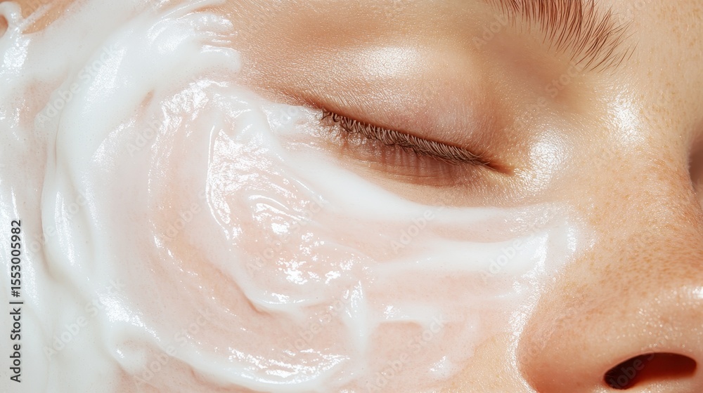 Fototapeta premium A mesmerizing close-up view of smooth skin layered with a creamy texture highlights the beauty of skincare, showcasing the importance of self-care and healthy skin in modern life.