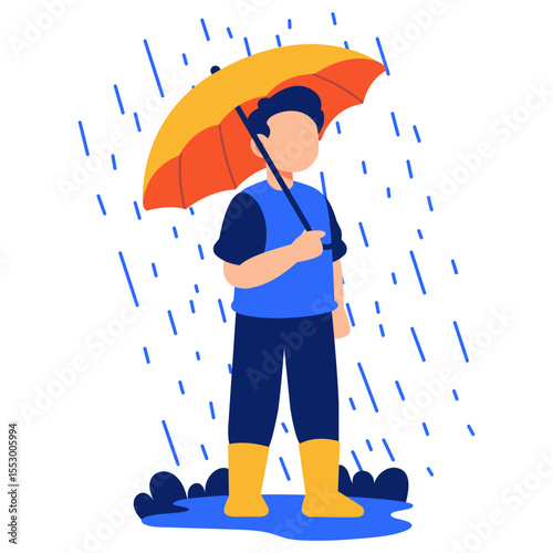 Cheerful child with umbrella enjoying playful rainy weather under colorful sky in a joyful seasonal outdoor moment