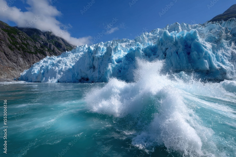 Fototapeta premium Glacier calving creates waves in a glacial lagoon under a clear blue sky