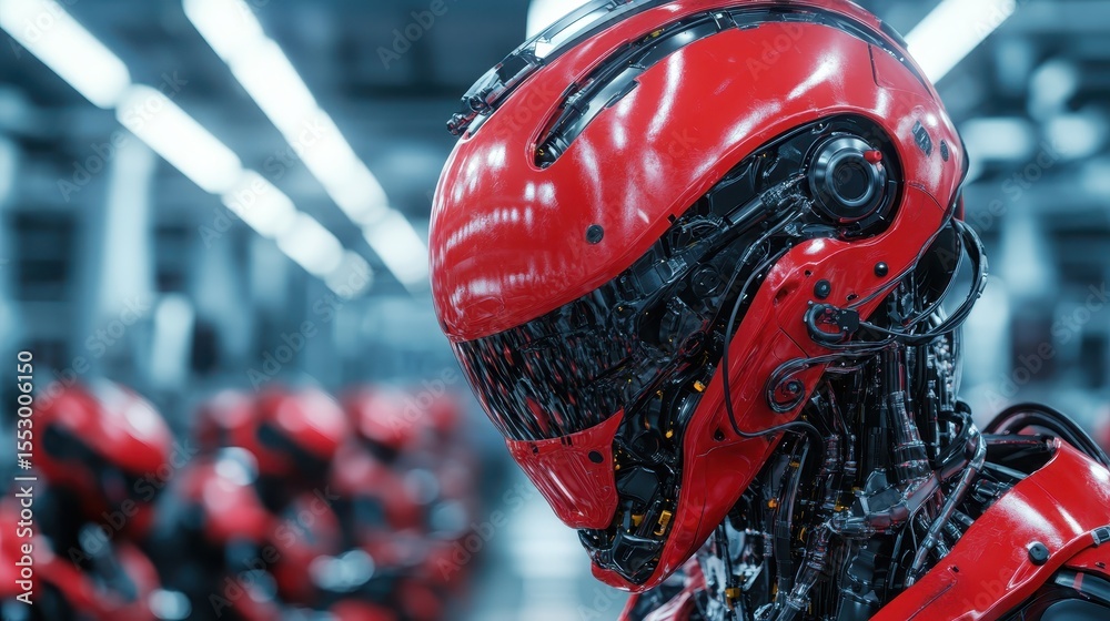 Fototapeta premium A futuristic red robot stands in a high-tech environment, symbolizing advanced technology and innovation, capturing the essence of robotics in modern manufacturing.
