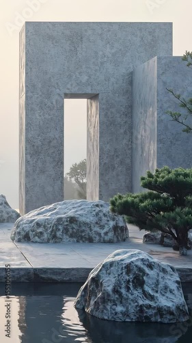 Japanese Zen Garden with Abstract Geometric Rock Formations and Misty Atmosphere Ideal for Wellness Spa and Luxury Interior Design Advertising Campaigns