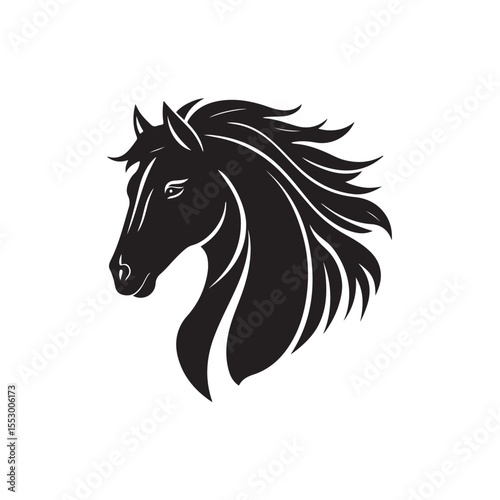 Horse Head vector silhouette, Horse vector Illustration, Horse Head Vector Illustration, A stylized black and white portrait of a horse head, Black and white horse face for modern logos and designs