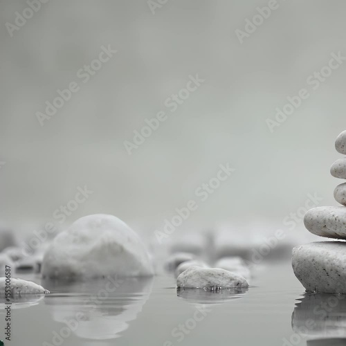 Perfectly Balanced Stack of Smooth White Stones Floating Over Calm Water in a Serene Zen Setting Ideal for Wellness Advertisement Spa Branding and Meditation App Marketing