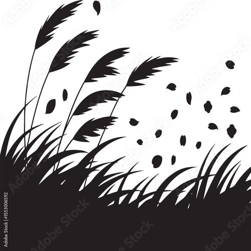 Silhouette of grass and falling leaves against a white background in a minimalist style design