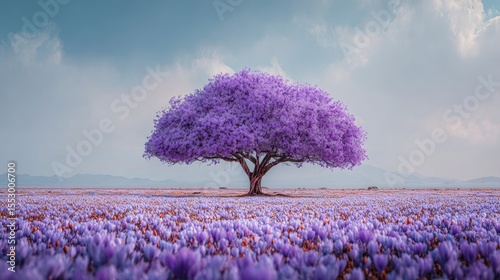 Tree crowned in purple flowers standing in wide meadow beneath gentle spring skies