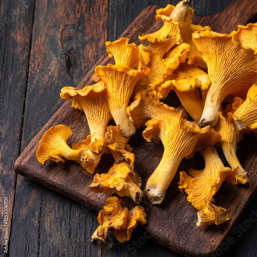 Golden Chanterelle mushrooms artfully arranged on a wooden cutting board, showcasing their vibrant color and unique texture. The wooden surface provides a rustic contrast.