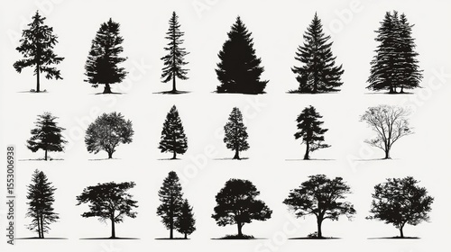 Tree silhouettes bundle including coniferous and deciduous species, clean black shapes on white