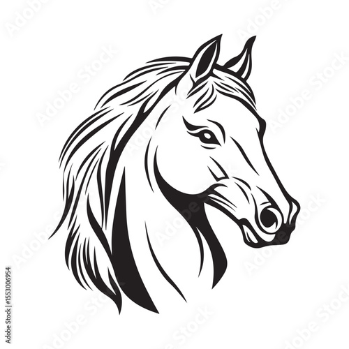 Horse Head vector silhouette, Horse vector Illustration, Horse Head Vector Illustration, A stylized black and white portrait of a horse head, Black and white horse face for modern logos and designs