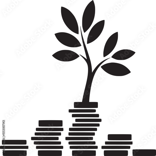 Black and white graphic of a tree growing out of stacked coins representing financial growth idea