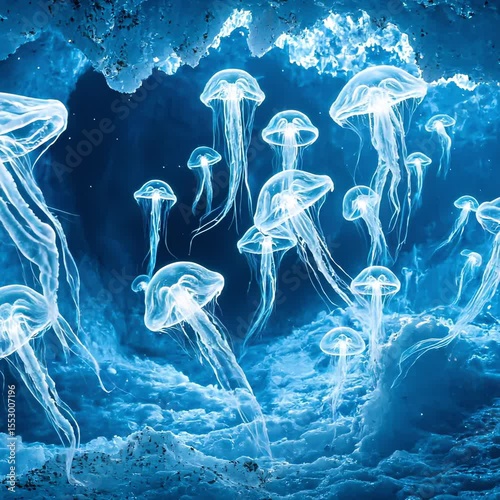 Translucent Neon Glowing Jellyfish Floating Over Frozen Arctic Tundra Landscape for Sci-Fi Advertising and Futuristic Design Campaigns