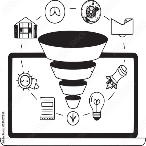 Laptop screen displaying a funnel with icons representing different stages of a process flow diagram