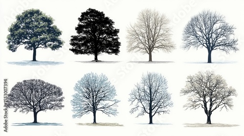 Vector-style collection of tree silhouettes featuring summer and winter branches on white background