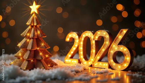Golden Christmas tree and glowing 2026 lights in snowy scene capture the magic of New Year celebration.