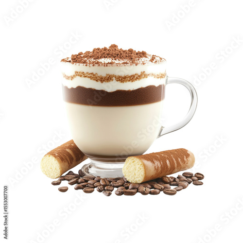 Delicious Layered Tiramisu Coffee Drink in Glass Mug with Biscuits and Coffee Beans