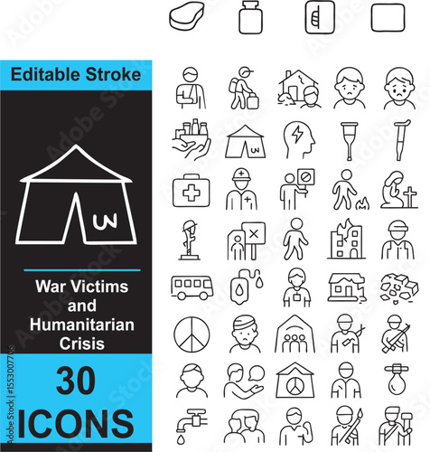 30 Outline Vector Icons – War Victims and Humanitarian Crisis