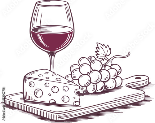 A sophisticated still life is captured in this elegant sketch. A glass of red wine is paired with a wedge of Swiss cheese and a bunch of grapes on a wooden board.