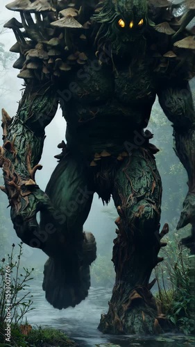 Sinister Tree Treant Mushroom Creature Walking Through Foggy Forest River Landscape for Dark Fantasy Advertising and Cinematic Game Concepts