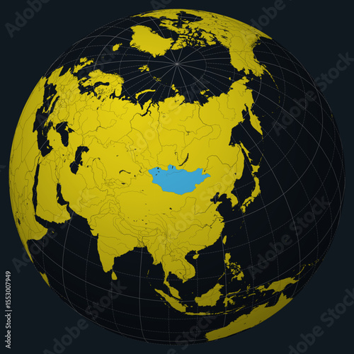 Mongolia on Globe. Country view on the world map in Charcoal Bright Yellow color palette. Mongolia shape on map. Globe with meridians, parallels, countries, rivers and lakes.