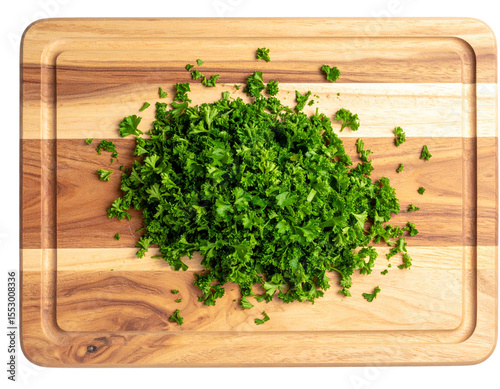 Top view of chopped parsley on wooden cutting board, isolated on transparent background PNG (2)