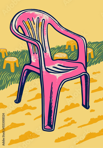 Pink Plastic Chair on Beach, Summer Illustration