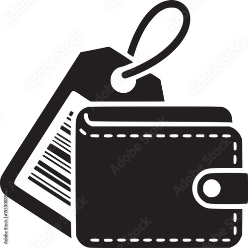 A black and white graphic icon of a wallet with a price tag attached to it on a white background