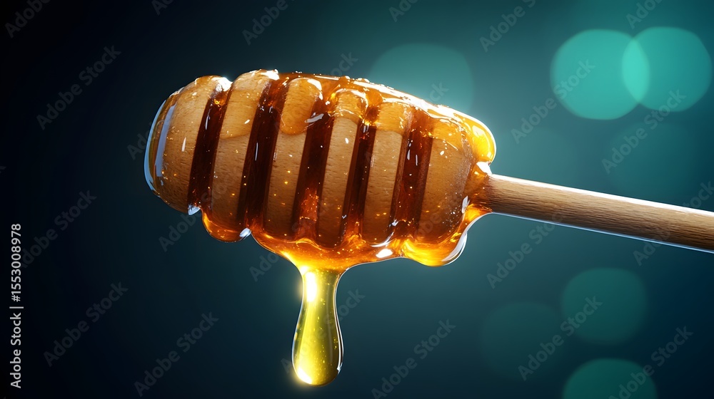 Golden Honey Dripping from Wooden Dipper Golden Honey Dripping from Wooden Dipper