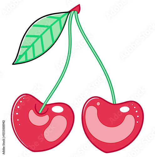 Two Red Cherries with Stem and Leaf Clipart