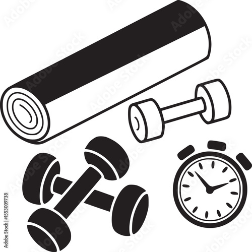 Isometric view of a rolled yoga mat dumbbells and a stopwatch fitness equipment on white background