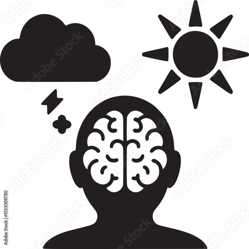 Silhouette of a person's head with a brain inside, a cloud with rain, and a sun depicted in black