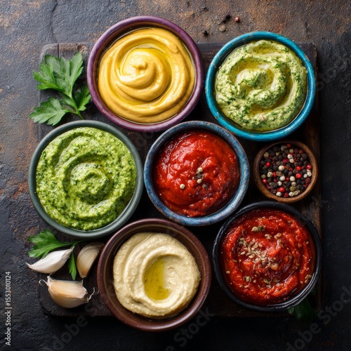 A vibrant selection of colorful sauces in small bowls, ready to enhance any dish